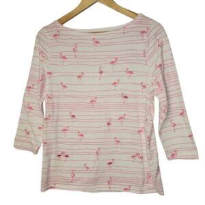 NEW ~ Talbots Pink and White 100% Cotton Sequined Flamingo 3/4 Sleeve Tee M 🦩